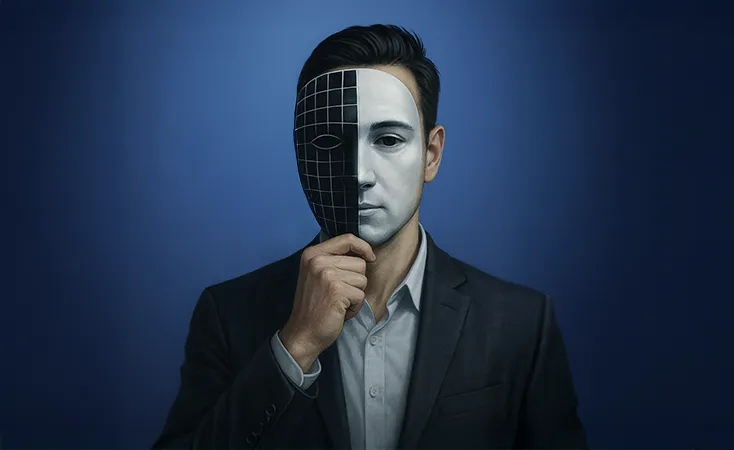 Man holding a half-digital mask symbolizing deepfake threats to personal identity and data security