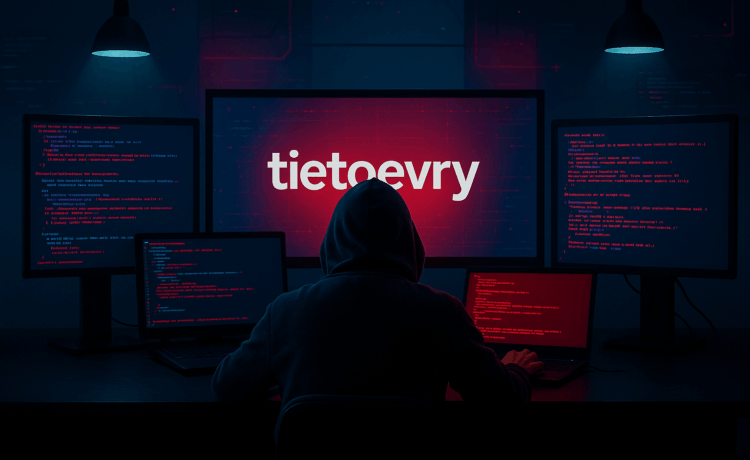 Hacker targeting Tietoevry in a dark cyber attack scene with multiple monitors displaying red and blue code
