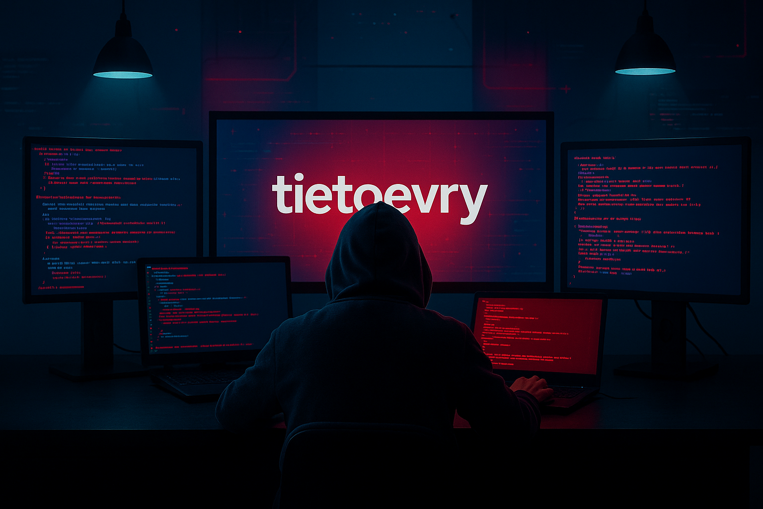Hacker targeting Tietoevry in a dark cyber attack scene with multiple monitors displaying red and blue code