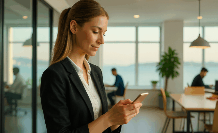 A young professional woman watching a cybersecurity training video on her smartphone in a modern office.