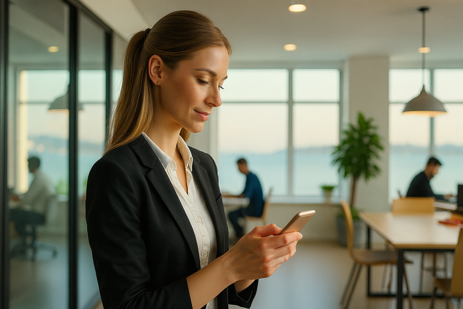 A young professional woman watching a cybersecurity training video on her smartphone in a modern office.