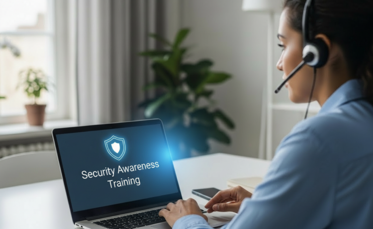Employee attending an online security awareness training session using a headset and laptop